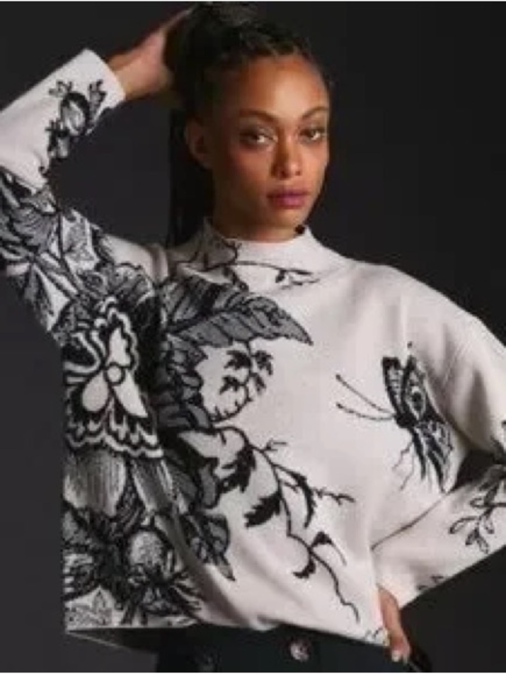 Anthropologie White Sweater with Black Floral & Butterfly Motif